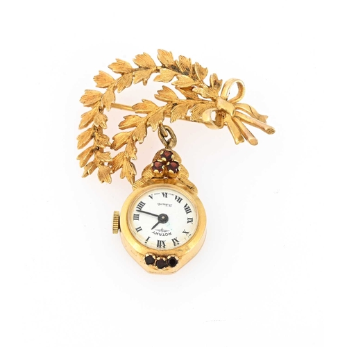 107 - Rotary, a 9ct gold garnet accent fob watch, suspended from a foliate spray brooch, with bow, hallmar... 