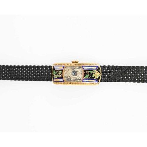 109 - Eberhard & Co., an 18k gold wrist watch, case number 306207, with champlevé enamel decoration of pla... 