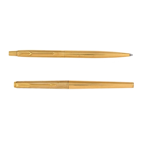 115 - Parker, a 180 fountain pen and a Classic ballpoint pen, each gold plated pin stripe, in a Parker box... 