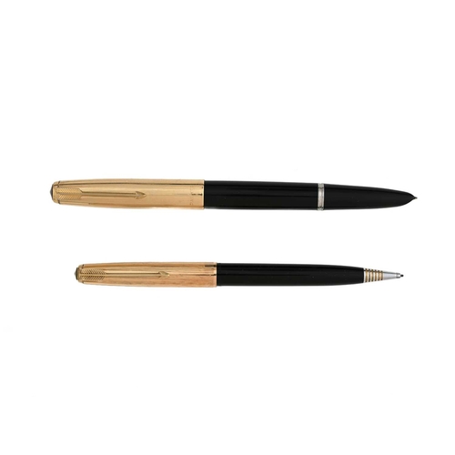 116 - Parker, a 51 fountain pen and push action propelling pencil, black barrel with rolled gold pinstripe... 