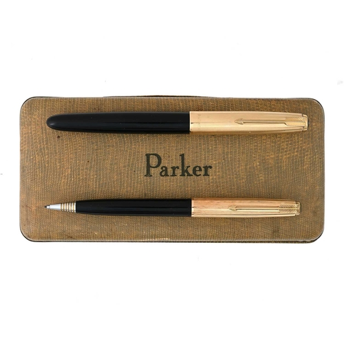 116 - Parker, a 51 fountain pen and push action propelling pencil, black barrel with rolled gold pinstripe... 