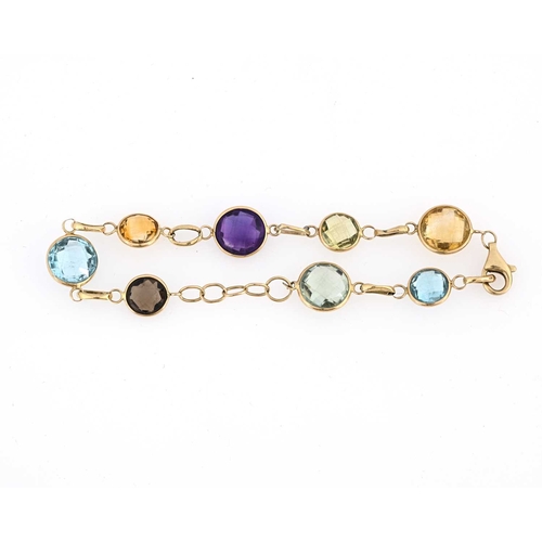 12 - A 14ct gold vari-hue quartz and blue topaz bracelet, with lobster clasp, stamped 14K, length 19.5cm,... 