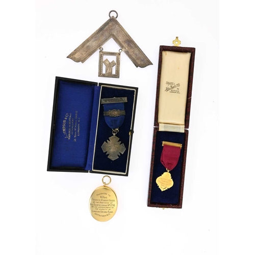 120 - A collection of silver and gold Masonic and other medals and regalia, including a 9 carat gold and e... 