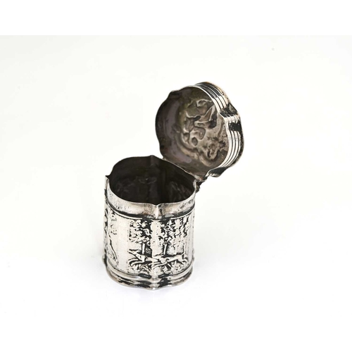 139 - A Dutch silver peppermint box, of conventional form, the exterior decorated with classical scenes in... 