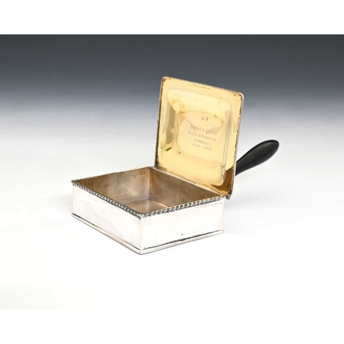 150 - An Edward VIII silver 'silent butler', with turned wood handle, the hinged cover with spherical fini... 