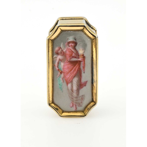 154 - A George V silver-gilt and enamel pill box, of rectangular form with canted corners, the hinged cove... 