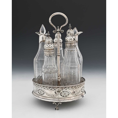 162 - A George III Neoclassical cruet set, five silver-mounted cut glass bottles, the stand with wood base... 