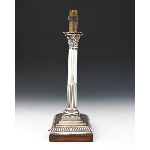 167 - A Victorian silver Corinthian column lamp base, atop a wood base, Hawksworth, Eyre & Co Ltd, Sheffie... 