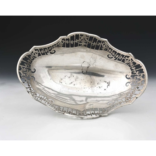 170 - A George V silver pedestal basket, of navette form, with a pierced border depicting foliate garlands... 