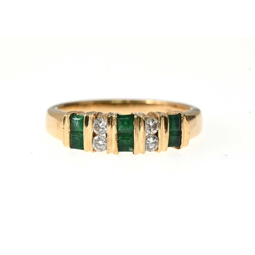 18 - A 14ct gold emerald and brilliant-cut diamond dress ring, estimated total diamond weight 0.15ct, ban... 