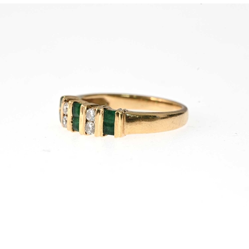 18 - A 14ct gold emerald and brilliant-cut diamond dress ring, estimated total diamond weight 0.15ct, ban... 