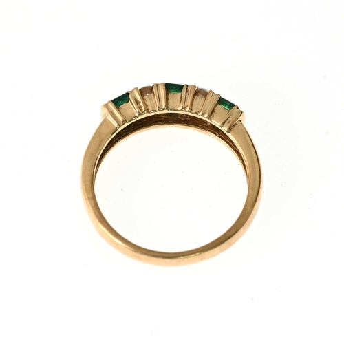 18 - A 14ct gold emerald and brilliant-cut diamond dress ring, estimated total diamond weight 0.15ct, ban... 