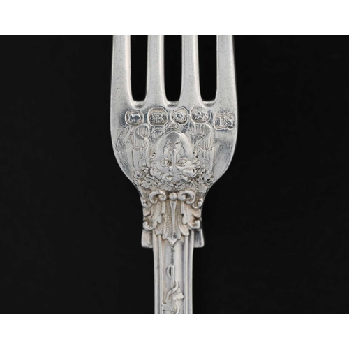 183 - Paul Storr, a set of four George IV cast silver Bacchanalian pattern entree forks, double struck, ea... 