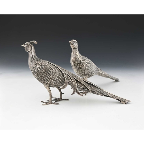 193 - A pair of late nineteenth or early twentieth-century Continental silver-coloured metal pheasant tabl... 