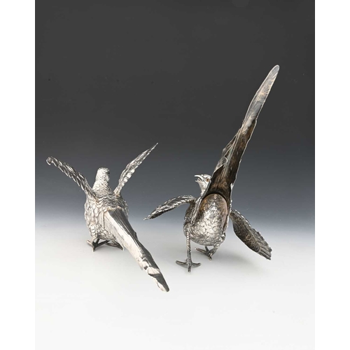 195 - A pair of late nineteenth or early twentieth-century German silver pheasant table ornaments, compris... 