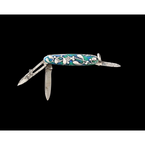 203 - An Art Noveau white metal and enamelled combination pen knife, probably French circa 1900, cast mist... 