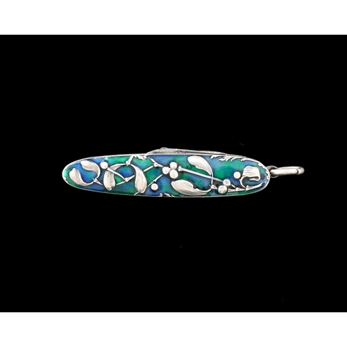 203 - An Art Noveau white metal and enamelled combination pen knife, probably French circa 1900, cast mist... 