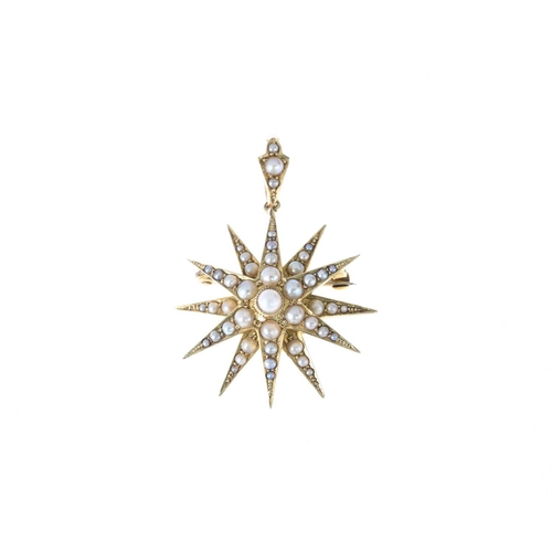 21 - An early 20th century 15ct gold split pearl star pendant brooch, stamped 15, length 3.5cm, 4.4g