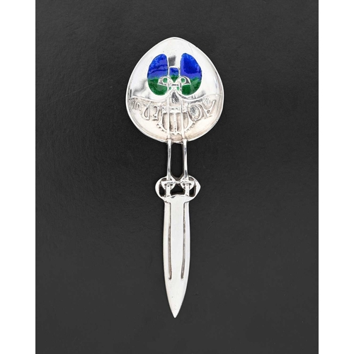 211 - Archibald Knox for Liberty and Co., a Cymric Arts and Crafts silver and enamelled caddy spoon, Birmi... 