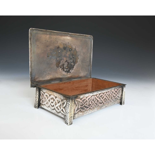 217 - An Arts and Crafts Iona style Ruskin set silver plated casket, probably A E Jones, the hinged lid wi... 