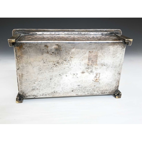 217 - An Arts and Crafts Iona style Ruskin set silver plated casket, probably A E Jones, the hinged lid wi... 