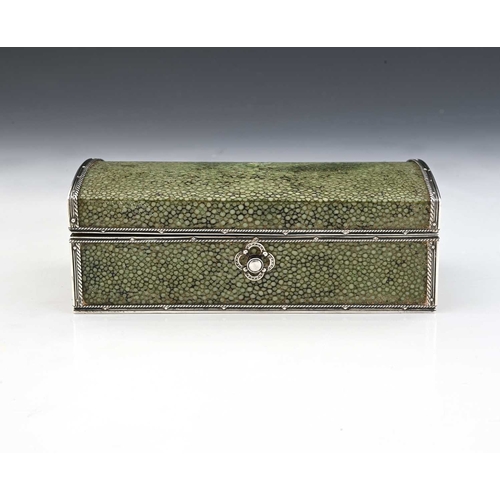 223 - John Paul Cooper, an Arts and Crafts silver mounted shagreen box, circa 1920, cuboid form with barre... 