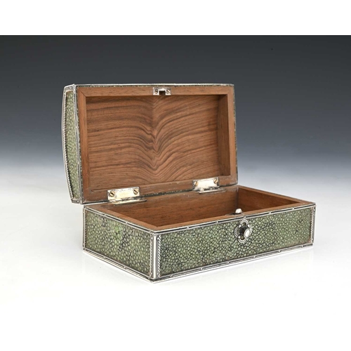 223 - John Paul Cooper, an Arts and Crafts silver mounted shagreen box, circa 1920, cuboid form with barre... 