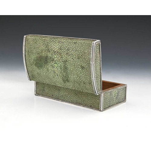 223 - John Paul Cooper, an Arts and Crafts silver mounted shagreen box, circa 1920, cuboid form with barre... 