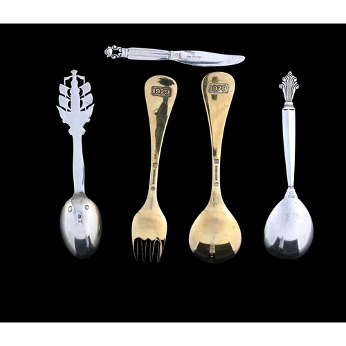 224 - Georg Jensen, a collection of Danish silver flatware and a knife, including Acanthus spoon and Konge... 