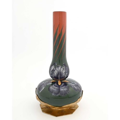 233A - Orivit, a Jugendstil gilt pewter mounted faience vase, the main body of double gourd form painted wi... 