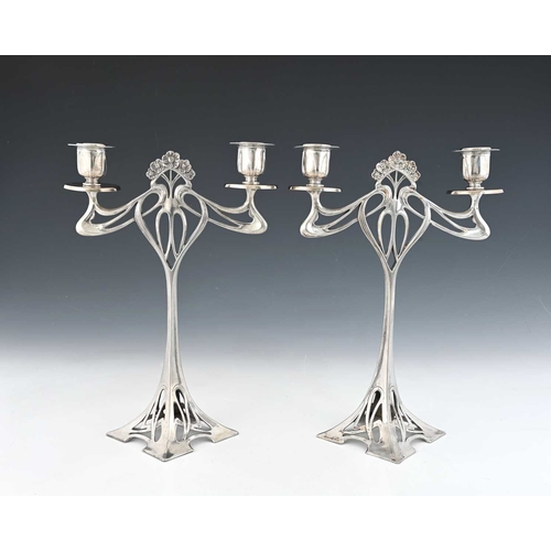 235A - WMF, a pair of Jugendstil silver plated candelabra, model 192, square section trumpet form, pierced ... 