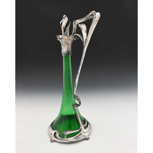 239 - WMF (attributed), a Jugendstil silver plate mounted glass claret jug, the green trumpet form body en... 