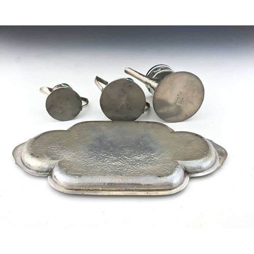 241 - An Arts and Crafts pewter and Ruskin cabochon set tea set, Ashberry Pewter circa 1915, palnished fla... 