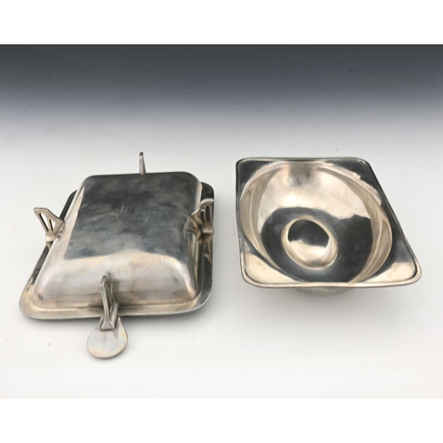 242 - An Arts and Crafts pewter and Ruskin cabochon set chafing or entree dish, G L Connell, rectangular s... 