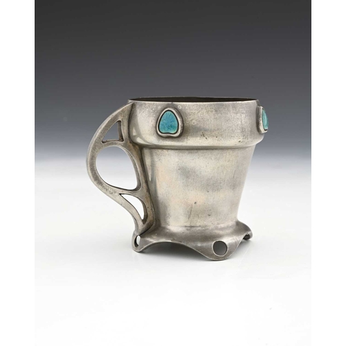 246 - Kate Harris for William Hutton and Sons, an Arts and Crafts pewter and Ruskin cabochon set mug, coni... 