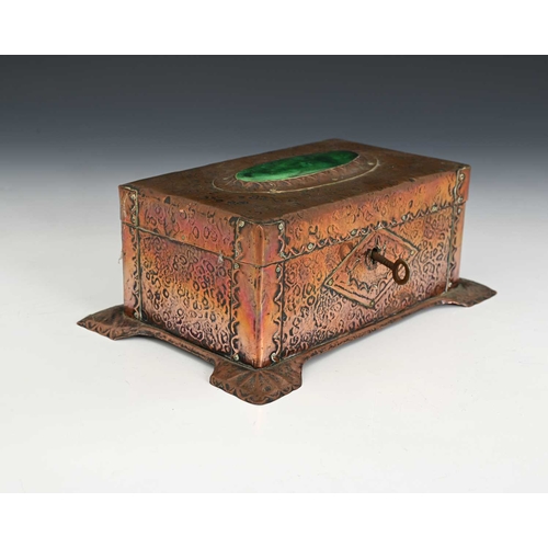 255 - An Arts and Crafts copper and Ruskin set casket, planished and riveted strap design, on wide repouss... 