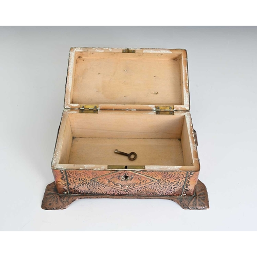 255 - An Arts and Crafts copper and Ruskin set casket, planished and riveted strap design, on wide repouss... 