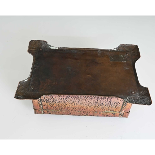 255 - An Arts and Crafts copper and Ruskin set casket, planished and riveted strap design, on wide repouss... 