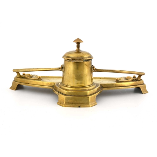 261 - A Jugendstil gilt brass desk stand inkwell, circa 1900, in the style of Kayserzinn, the conical inkw... 