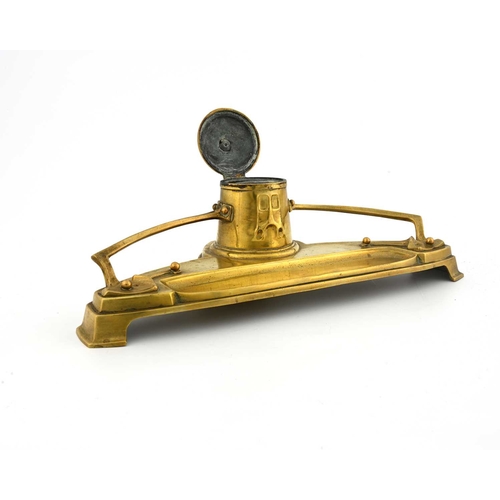 261 - A Jugendstil gilt brass desk stand inkwell, circa 1900, in the style of Kayserzinn, the conical inkw... 