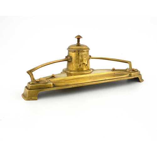 261 - A Jugendstil gilt brass desk stand inkwell, circa 1900, in the style of Kayserzinn, the conical inkw... 