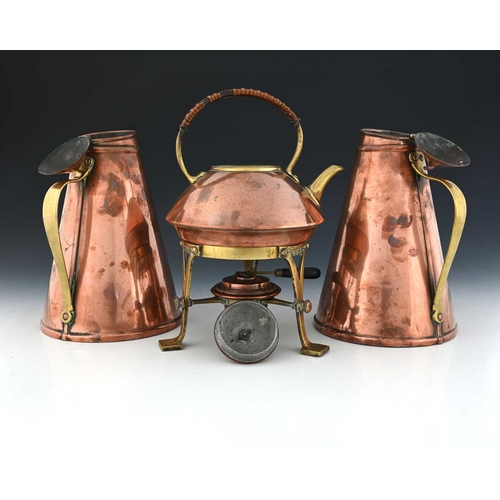 265 - W A S Benson, two Arts and Crafts copper and brass insulated or 'jacketed' jugs, circa 1900, model 7... 