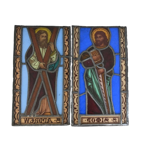 269 - A pair of Gothic Revival stained glass panels, St Andrew and St Simon, painted leaded glass, circa 1... 