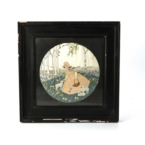 280 - An Arts & Crafts silk embroidered roundel, Little Bo Peep in a pastoral landscape with sheep, 25cm d... 