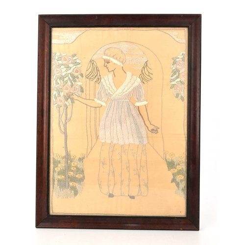 281 - An Arts & Crafts Glasgow School embroidered silk panel, a maiden wearing a bonnet in a garden pickin... 