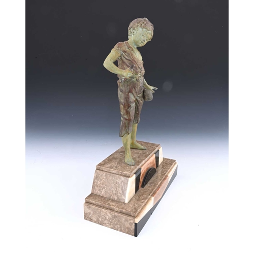 284 - An Art Deco patinated art metal figure of a boy fishing, circa 1930, verdigris and bronzed, on a ste... 