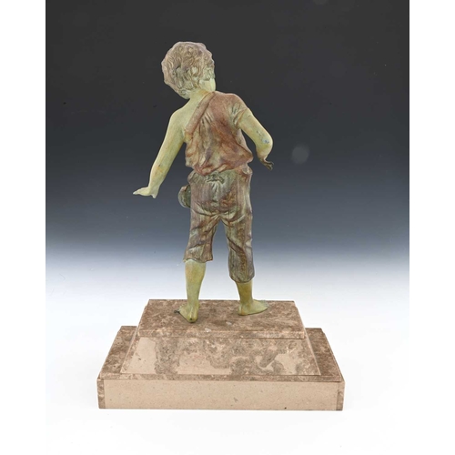 284 - An Art Deco patinated art metal figure of a boy fishing, circa 1930, verdigris and bronzed, on a ste... 