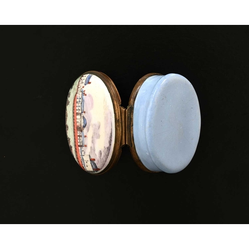 293 - A Bilston enamel patch box, circa 1790, oval form, the lid with a polychrome image of Brighton Pavil... 