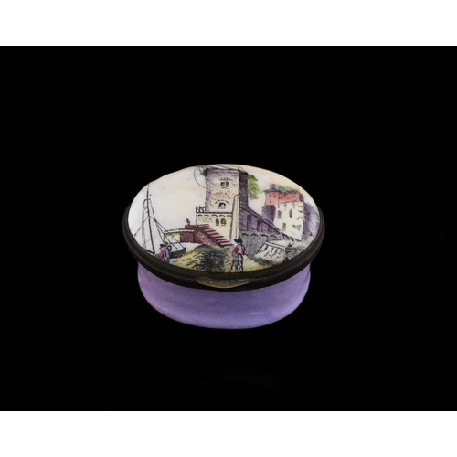 295 - A Bilston enamel patch box, circa 1780, oval, decorated with a harbour scene with figures, purple gr... 