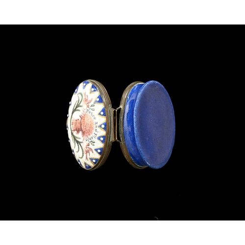 305 - A Bilston enamel patch box, circa 1780, oval form, the lid painted with wheat sheaf and doves below ... 